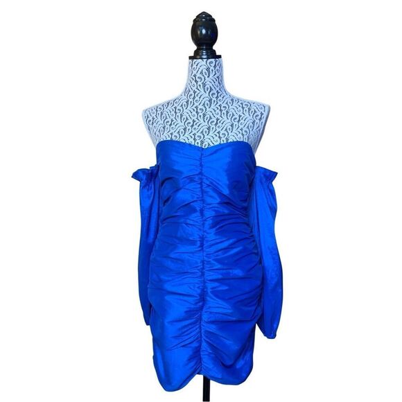 Area Stars Taffeta Ruched Off The Shoulder Long Sleeve Mini Dress Blue Size M - Picture 4 of 12